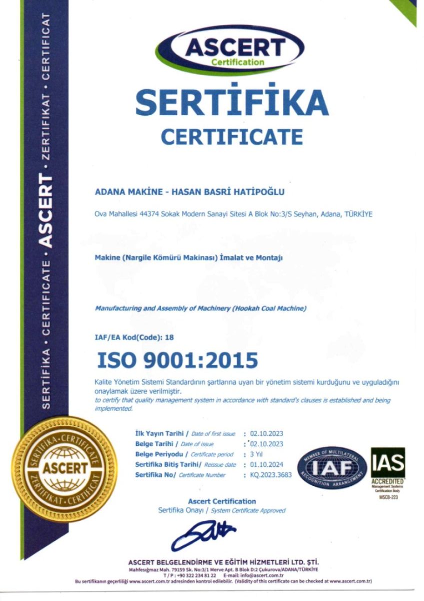 Makine Nargile Kömürü Makinası İmalat ve Montajı ISO 9001 2015